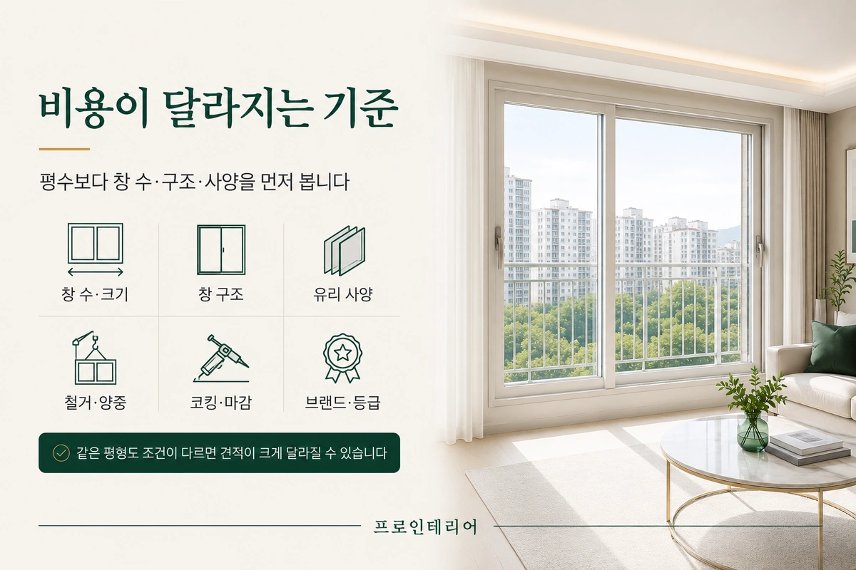 샷시 교체 비용을 좌우하는 창 수와 크기, 창 구조, 유리 사양, 철거와 양중, 코킹과 마감, 브랜드와 등급을 정리한 이미지