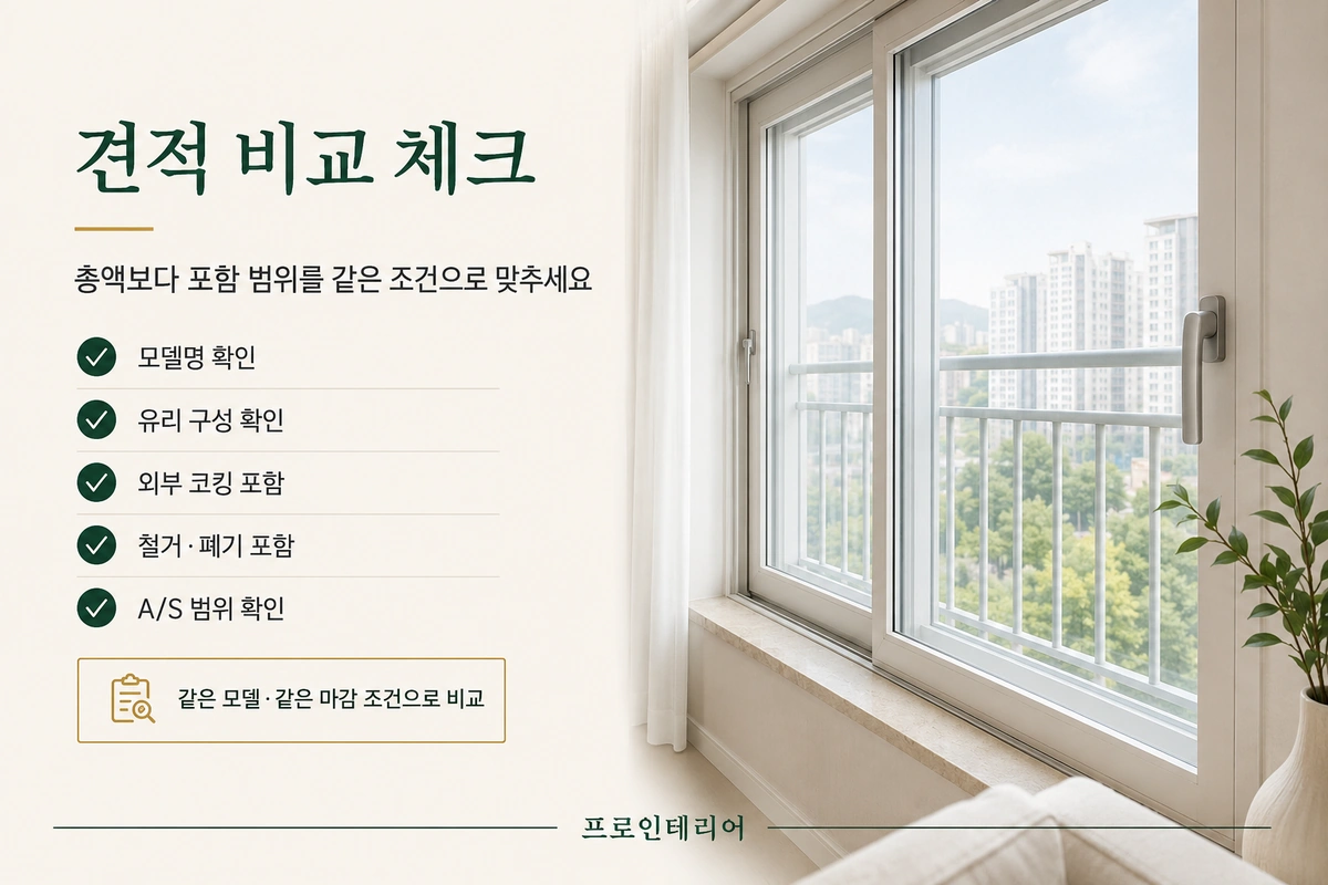 창호 견적에서 모델명, 유리 구성, 외부 코킹, 철거와 폐기, A/S 범위를 같은 조건으로 비교하는 체크리스트 이미지