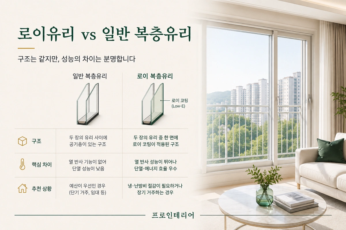 일반 복층유리와 로이 복층유리의 구조, 열 반사 성능, 추천 상황을 비교한 이미지