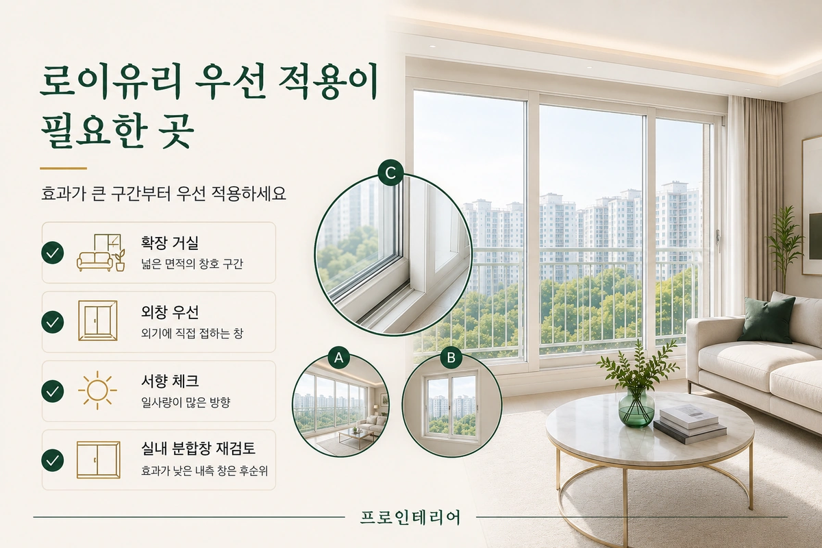로이유리를 확장 거실, 외기에 접하는 창, 서향 창에 우선 적용하고 실내 분합창은 후순위로 검토하는 이미지