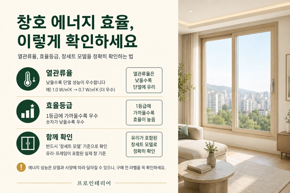 창호 열관류율은 낮을수록 단열에 유리하고 효율등급과 창세트 모델을 함께 확인해야 한다는 안내 이미지