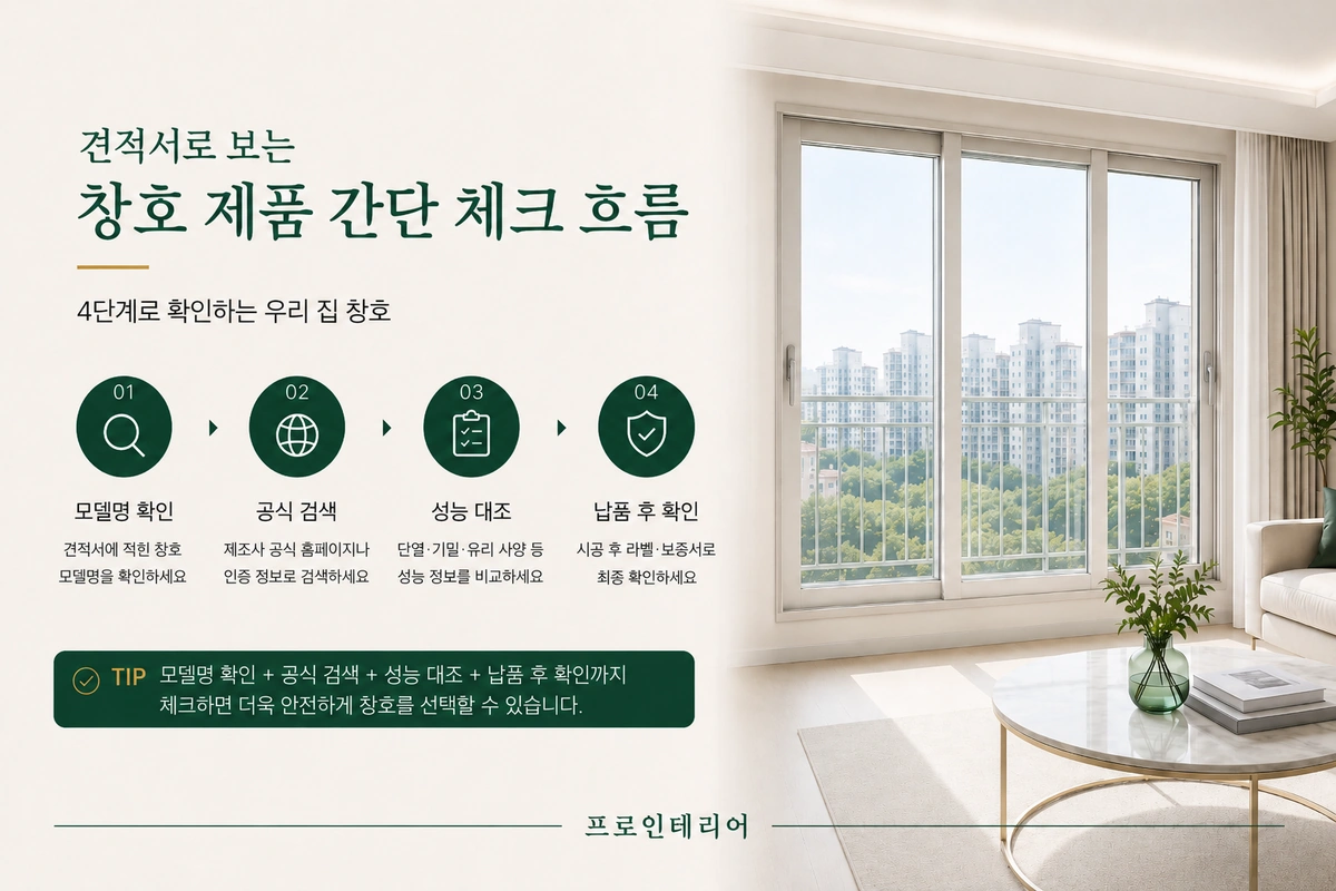 견적서의 창호 모델명 확인, 공식 검색, 성능 대조, 납품 후 확인까지 네 단계로 정리한 이미지