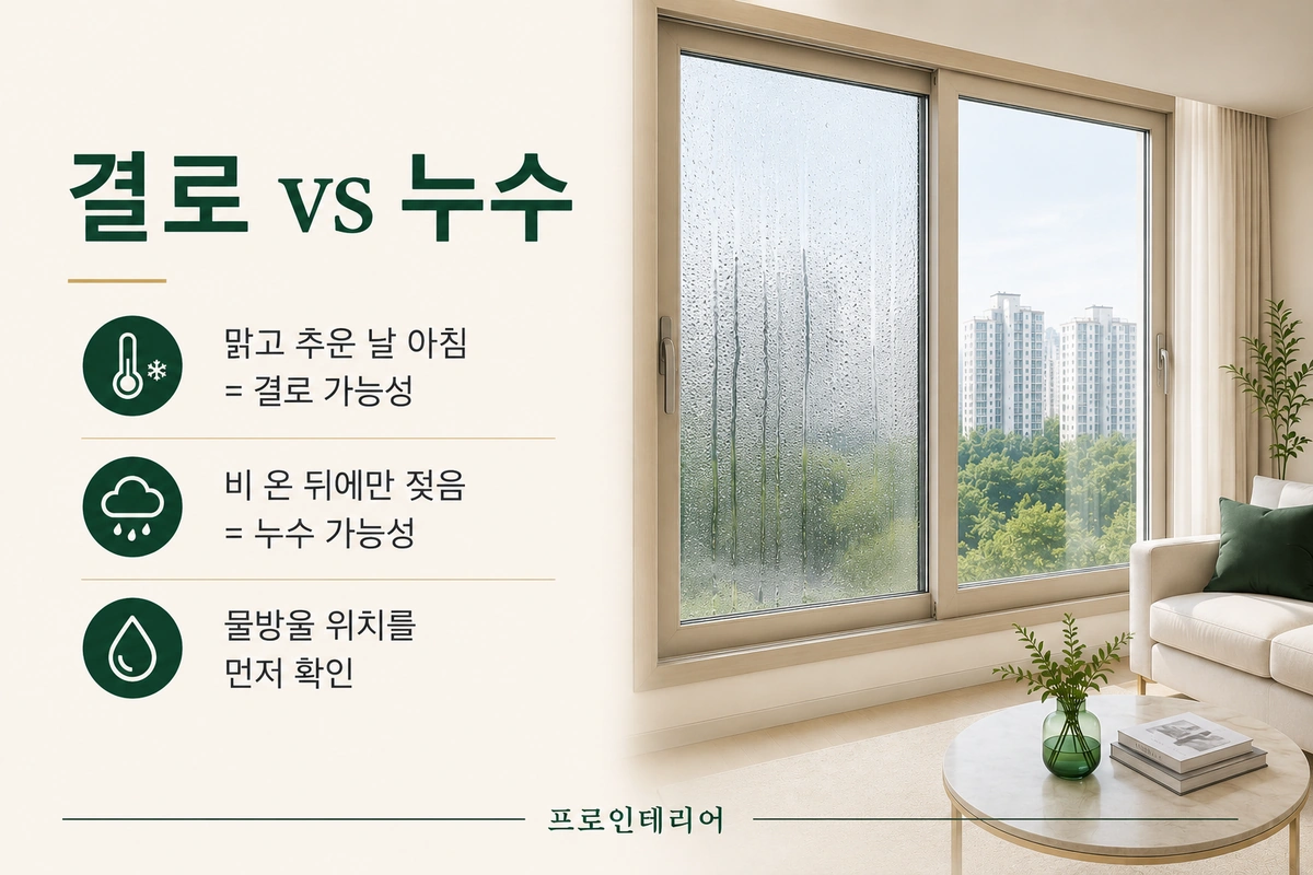 맑고 추운 날 생기는 결로와 비 온 뒤 생기는 누수를 발생 조건과 물방울 위치로 구분하는 이미지