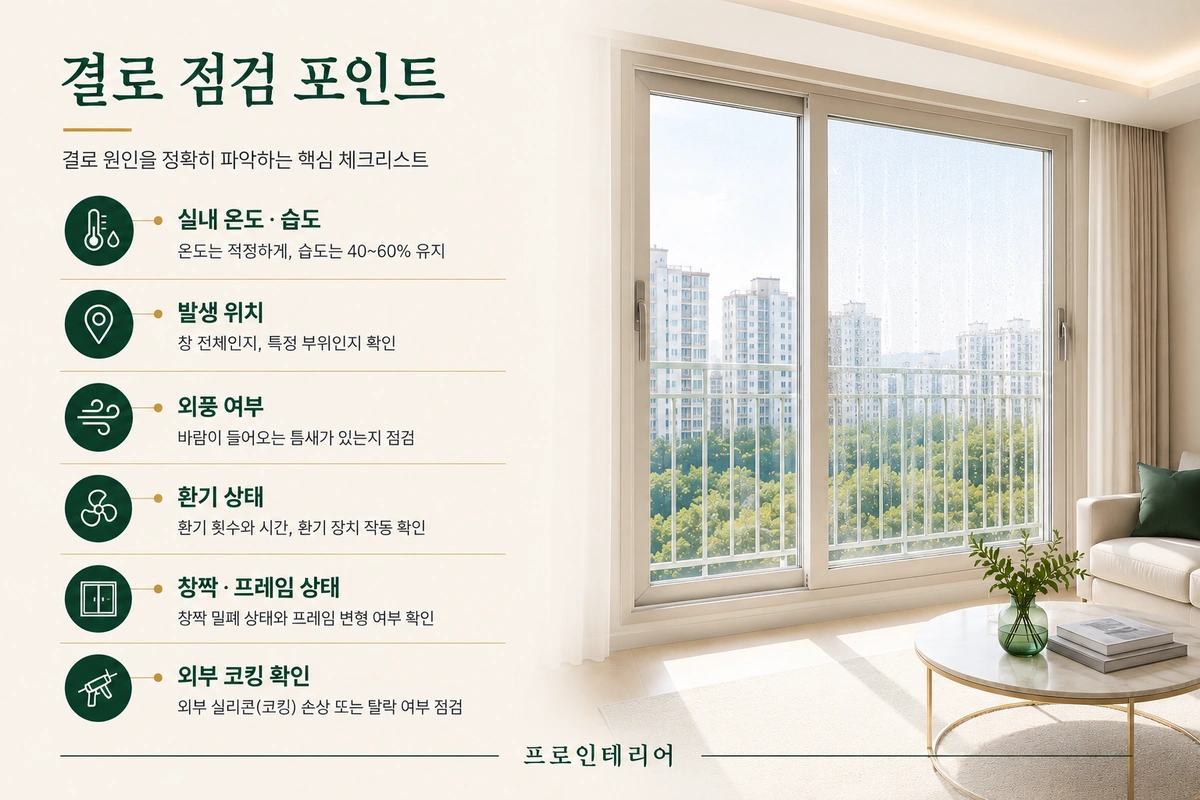 샷시 결로 원인을 확인하기 위해 실내 온습도, 발생 위치, 외풍, 환기, 창짝과 프레임, 외부 코킹을 점검하는 이미지