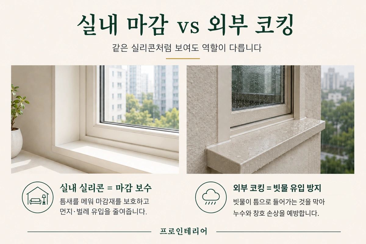 실내 실리콘은 마감 보수에 쓰고 외부 코킹은 빗물 유입을 막는다는 역할 차이를 비교한 이미지