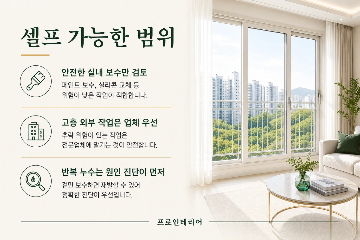 안전한 실내 보수는 셀프로 검토하고 고층 외부 작업과 반복 누수는 업체 진단을 우선해야 한다는 이미지