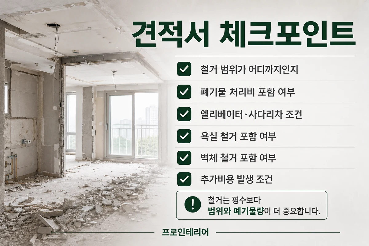 아파트 철거 현장 옆에 철거 범위 폐기물 처리 엘리베이터 사다리차 욕실 벽체 추가비를 확인하는 견적 체크포인트가 보이는 이미지