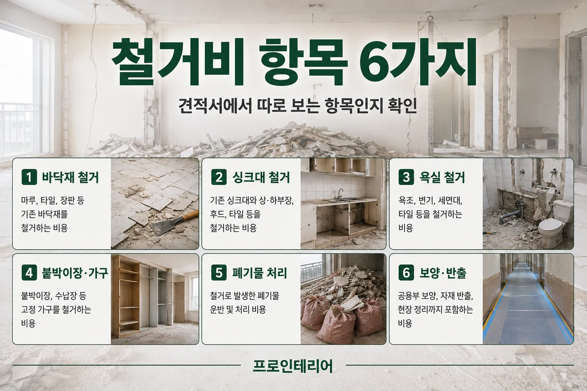 바닥재 싱크대 욕실 붙박이장 폐기물 보양과 반출 여섯 가지 인테리어 철거비 항목을 보여주는 이미지