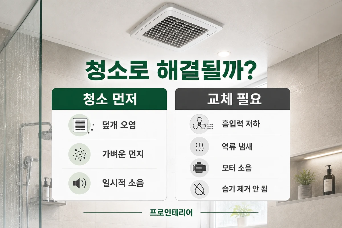 욕실 환풍기에서 청소로 해결할 수 있는 오염과 교체가 필요한 흡입력 저하 역류 냄새 모터 소음을 비교한 이미지