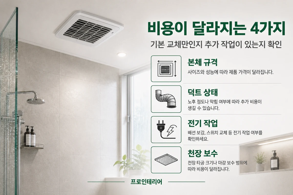 욕실 환풍기 교체 비용을 좌우하는 본체 규격 덕트 상태 전기 작업 천장 보수 네 가지 요소