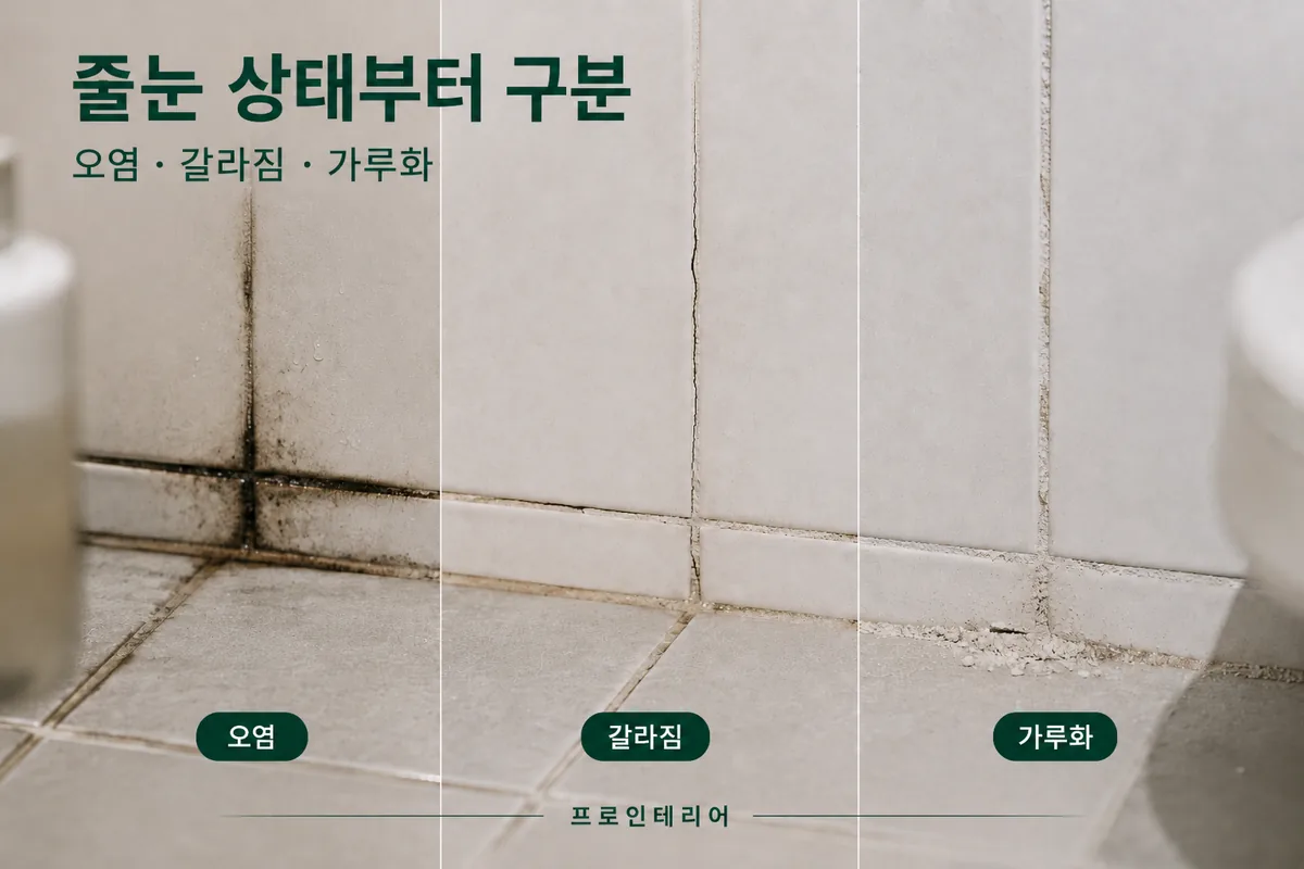 욕실 타일 줄눈의 표면 오염 갈라짐 가루화 상태를 비교하는 근접 이미지