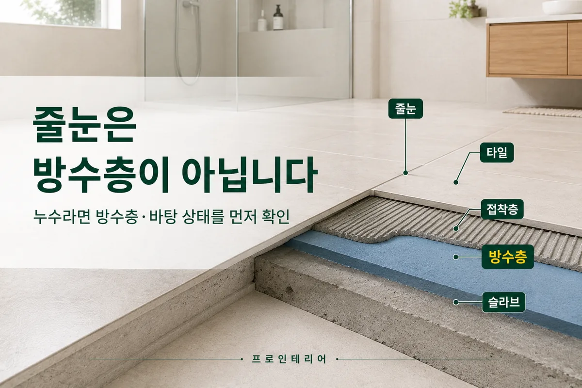 타일 줄눈과 그 아래 접착층 방수층의 위치를 구분해 누수 원인을 설명하는 욕실 바닥 구조 이미지
