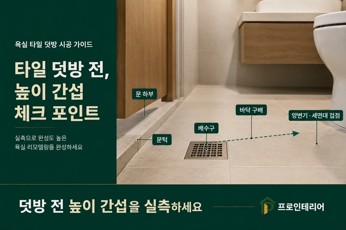 욕실 타일 덧방 전 문 하부 문턱 배수구 바닥 구배와 도기 접점을 확인하는 단면 가이드