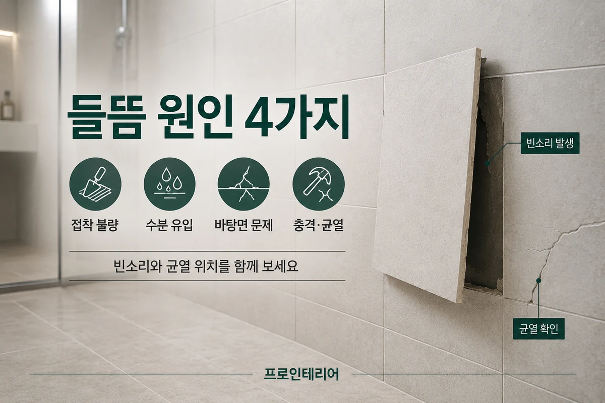 욕실 타일 들뜸의 접착 불량 수분 유입 바탕면 문제 충격과 균열 원인을 보여주는 이미지