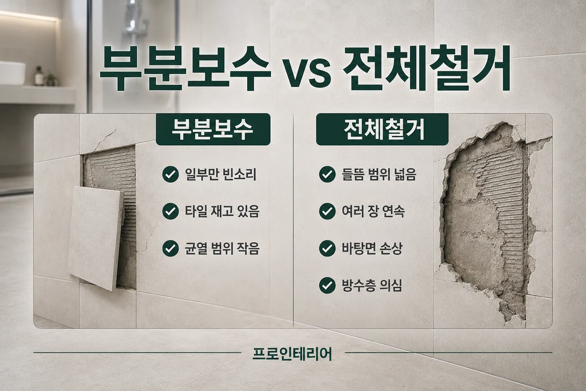 욕실 타일 부분 보수와 전체 철거를 빈소리 범위 타일 재고 바탕면 손상 방수 의심 여부로 비교한 이미지