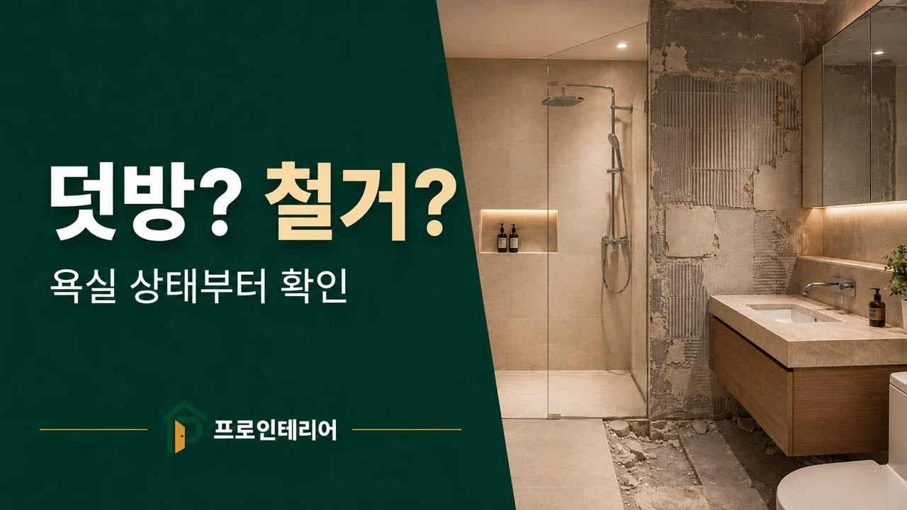 욕실 기존 타일과 철거된 바탕면을 비교해 덧방과 전체 철거 선택을 설명하는 이미지