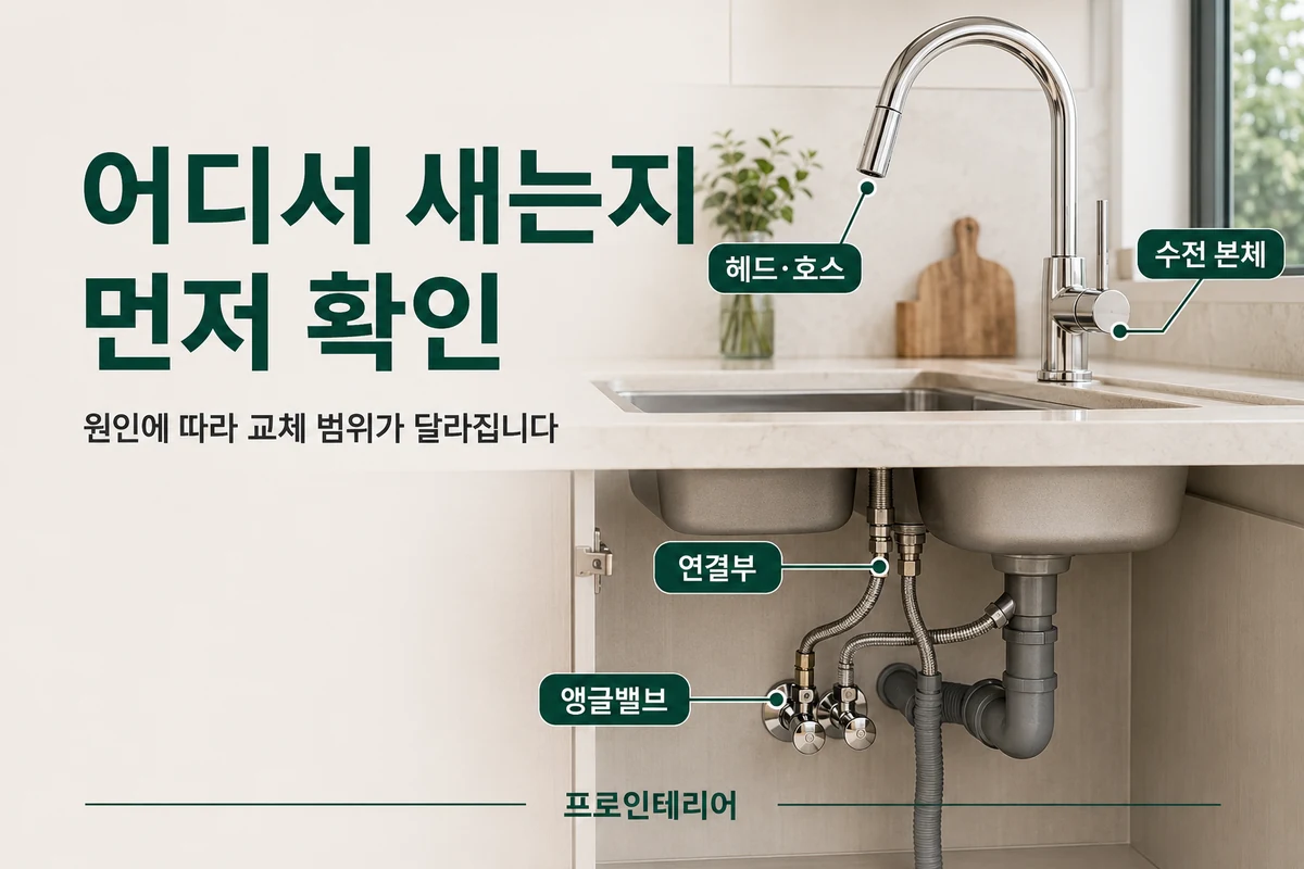 수전 본체와 헤드 호스 냉온수 연결부 밸브에서 물이 샐 수 있는 위치를 보여주는 이미지