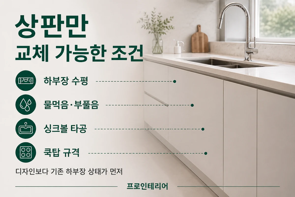 하부장 수평과 강도 싱크볼 타공 쿡탑 타공을 확인해 상판만 교체 가능한지 판단하는 이미지