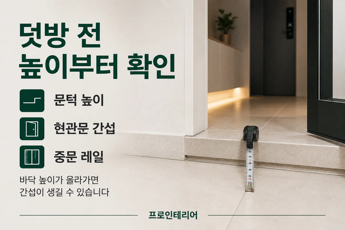 현관 타일 덧방 전 현관문 문턱 중문 하부와의 높이 간섭을 측정하는 이미지