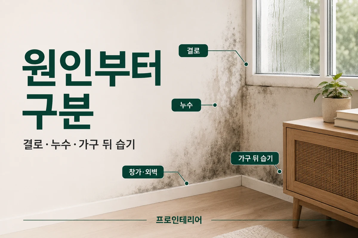 창가 결로 외벽 누수 배관 누수 가구 뒤 습기를 위치별로 구분해 확인하는 이미지