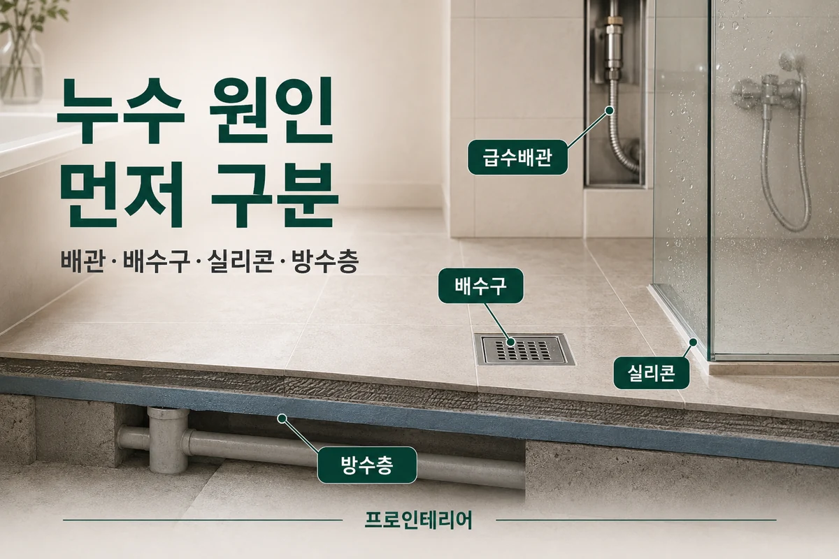 욕실 수전 배관 배수구 실리콘 방수층 누수 가능 위치를 구분해 점검하는 이미지