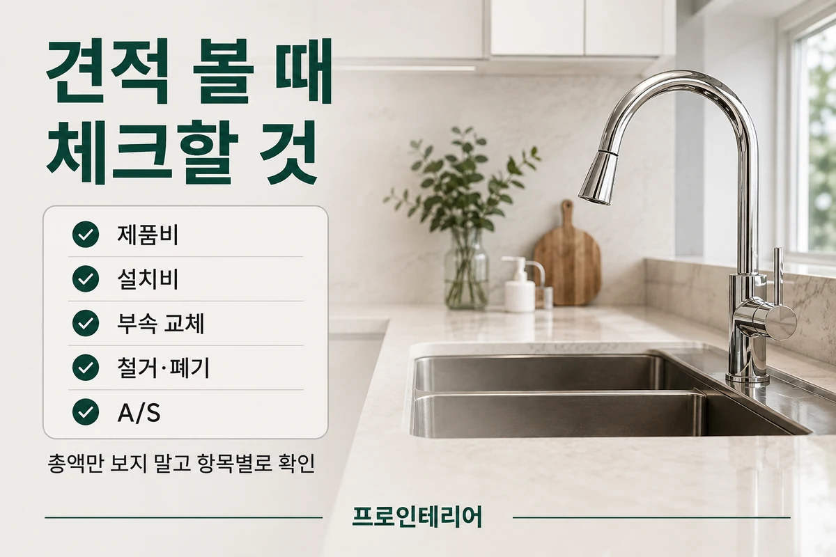 싱크대 수전 교체 견적에서 제품비 출장비 설치비와 추가 부속을 확인하는 장면