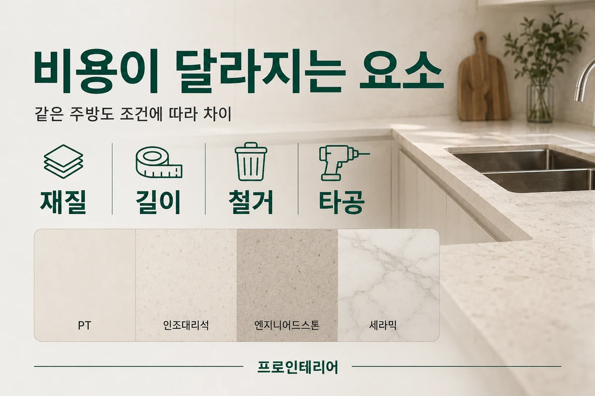 주방 상판 교체 비용을 바꾸는 재질 길이 철거 타공 운반 요소를 보여주는 이미지