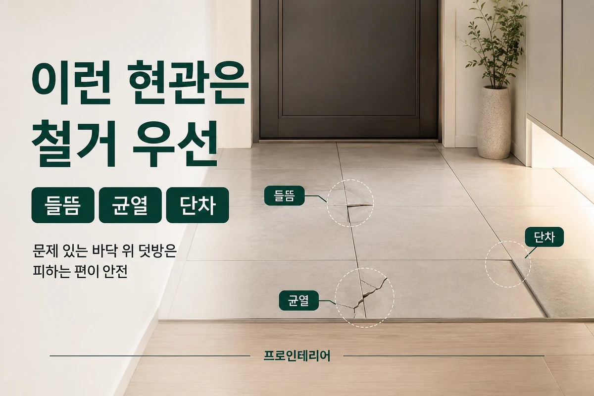 현관 타일 들뜸 균열 단차를 확인해 철거가 필요한 상태를 보여주는 이미지