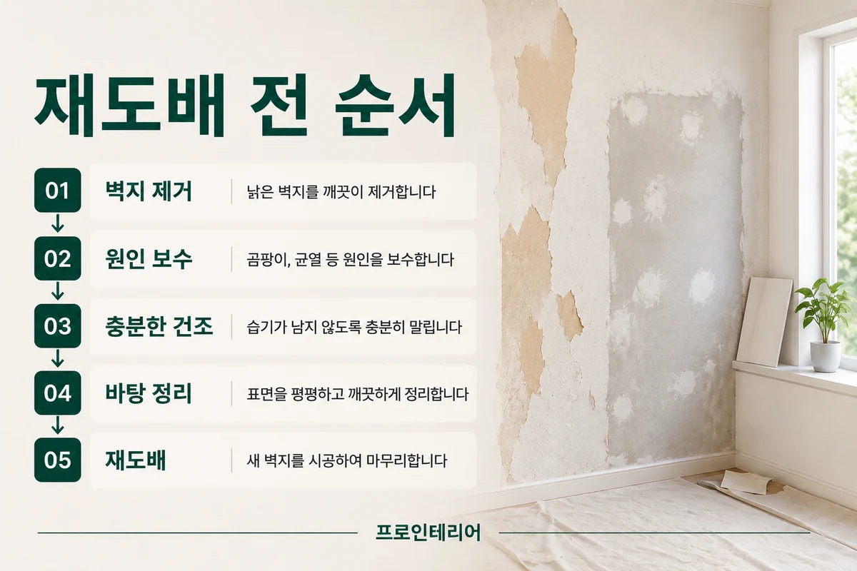 벽지 제거 원인 보수 건조 바탕 정리 재도배 순서가 실제 작업 장면으로 보이는 이미지
