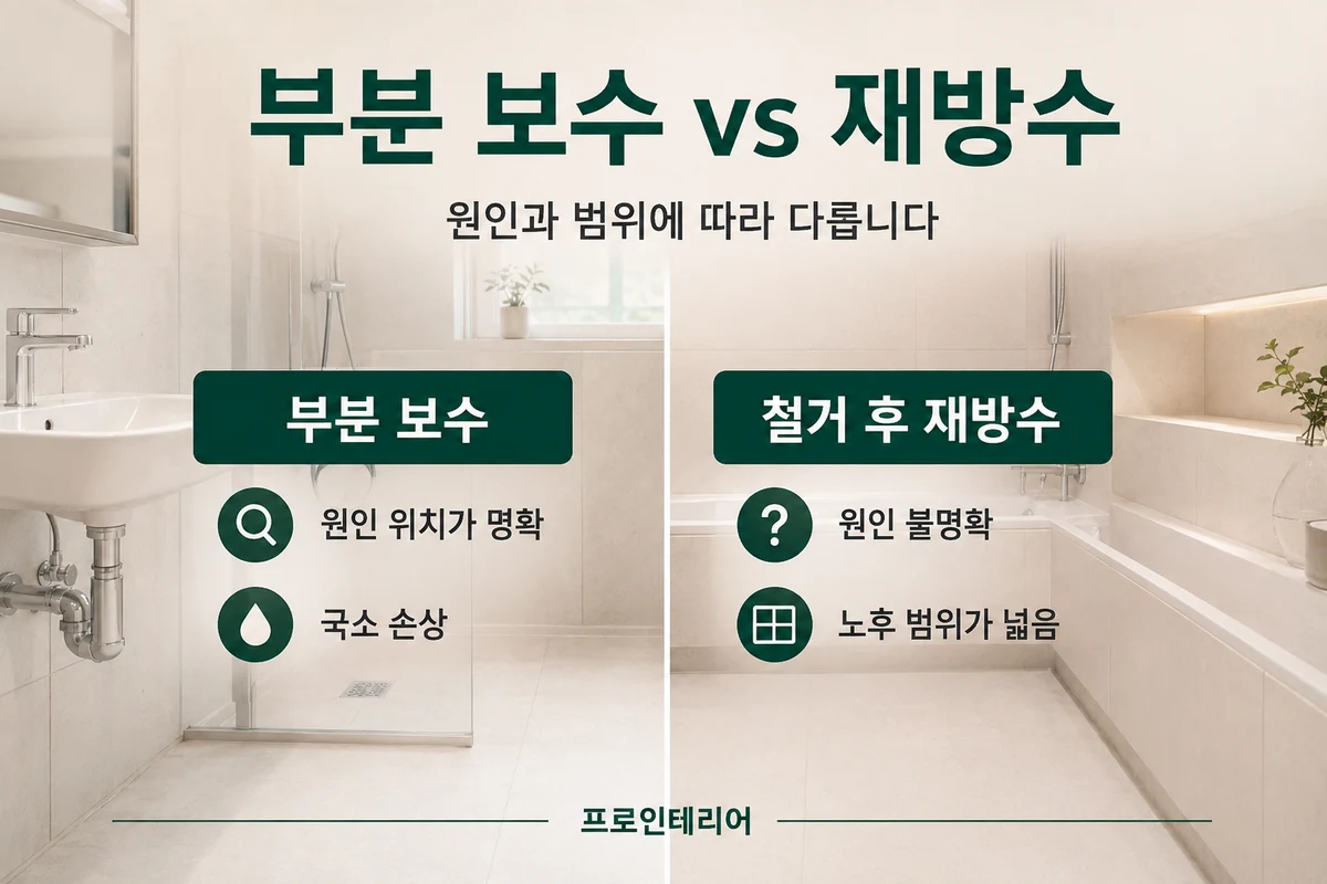 부분 보수와 바닥 철거 후 방수 재시공의 작업 범위를 실제 욕실 공정으로 비교한 이미지