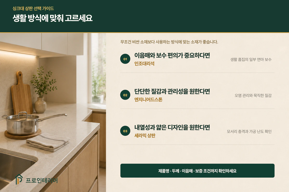 보수성 요리 빈도 디자인 우선순위에 따른 주방 상판 선택 가이드
