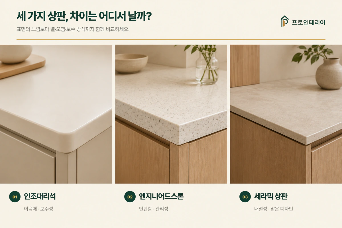 인조대리석 엔지니어드스톤 세라믹 상판의 이음매 내열성 스크래치 보수성을 비교한 표