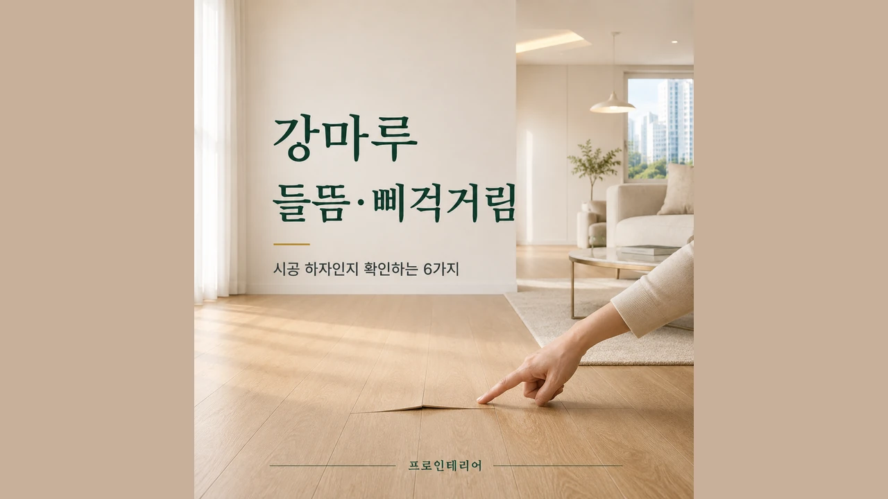 사람이 들뜬 강마루 바닥을 손으로 확인하는 하자 점검 대표 이미지
