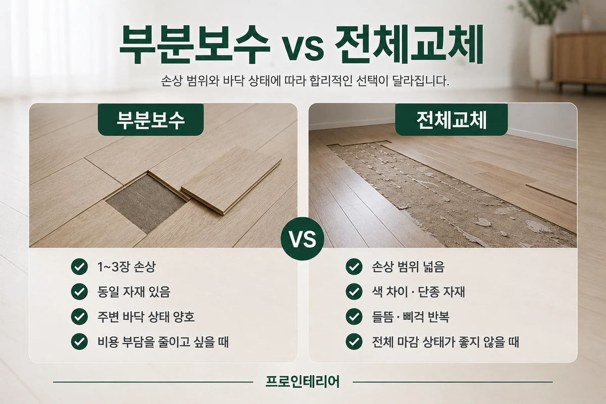강마루 1~3장 손상과 넓은 손상을 기준으로 부분보수와 전체교체를 비교한 이미지