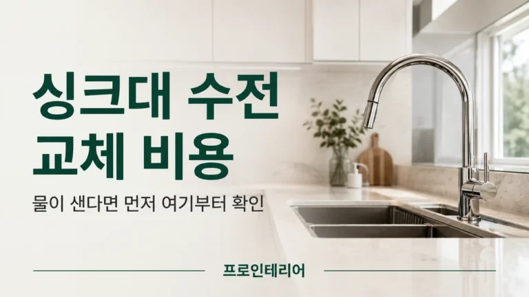 싱크대 수전과 하부장 배관이 함께 보이는 주방에서 수전 교체 여부를 설명하는 이미지