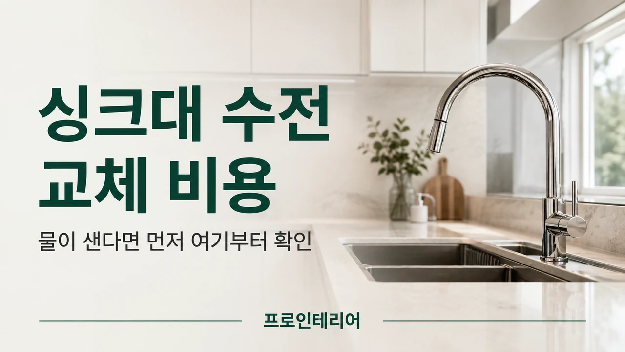 싱크대 수전과 하부장 배관이 함께 보이는 주방에서 수전 교체 여부를 설명하는 이미지