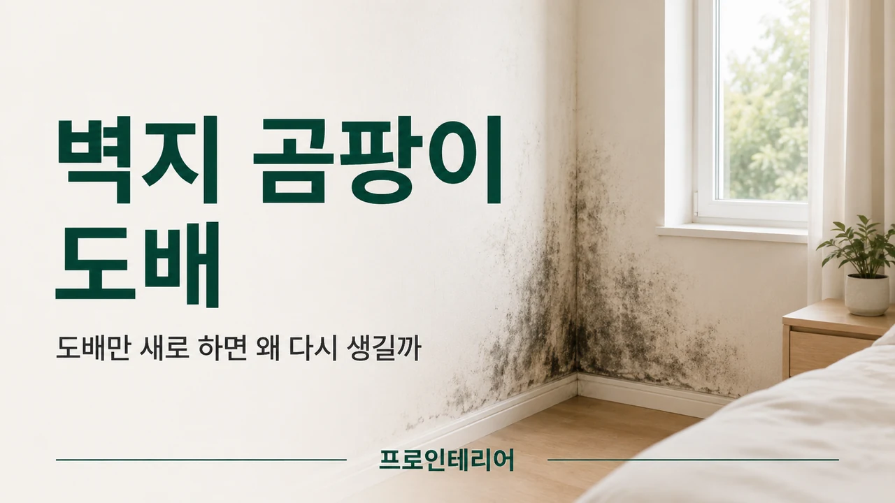 창가 벽지 모서리에 곰팡이가 생긴 방에서 재도배 전 원인을 확인하는 이미지