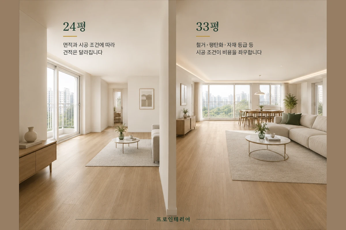 24평과 33평 아파트 공간 및 강마루 견적 차이를 좌우로 비교한 이미지