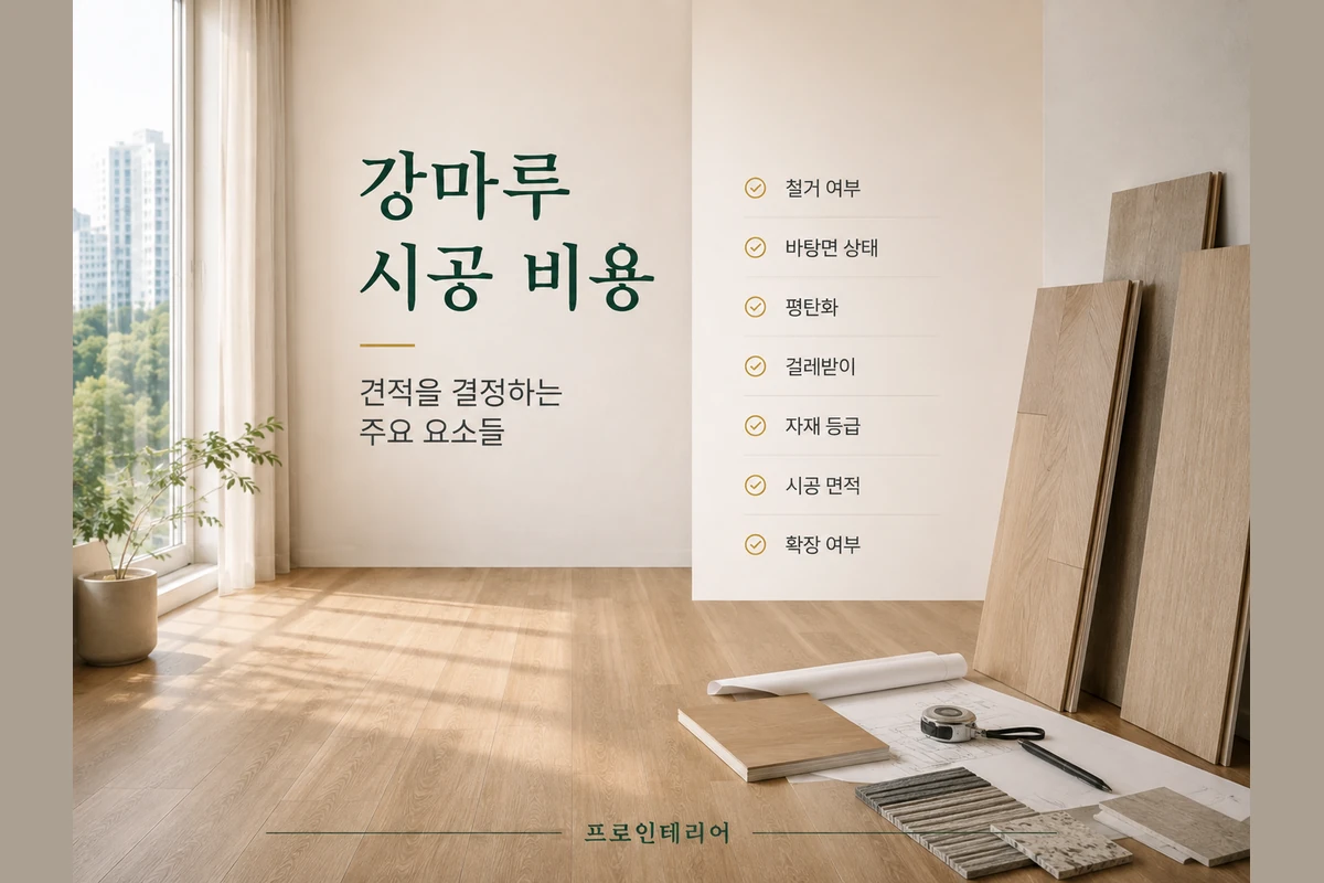 철거 여부, 바탕면 상태, 평탄화, 걸레받이, 자재 등급, 시공 면적, 확장 여부를 정리한 이미지