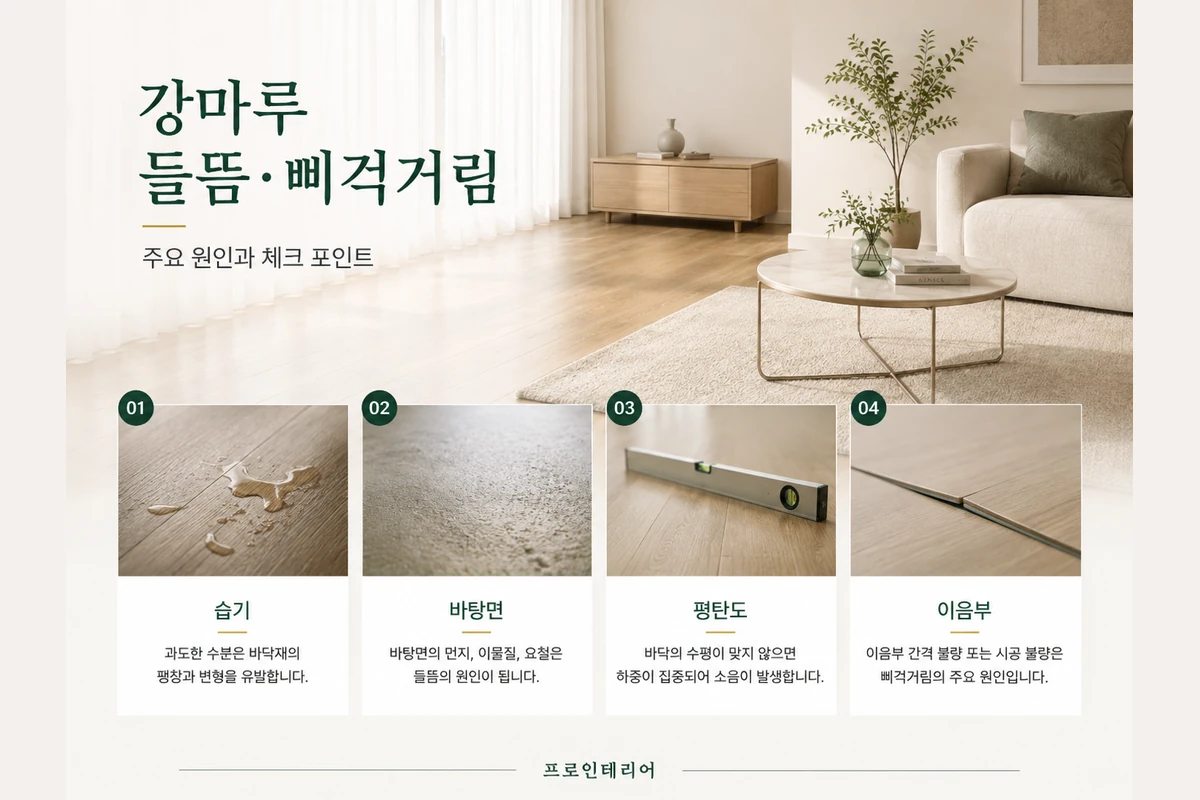 강마루 들뜸과 삐걱거림의 습기, 바탕면, 평탄도, 이음부 원인을 정리한 이미지