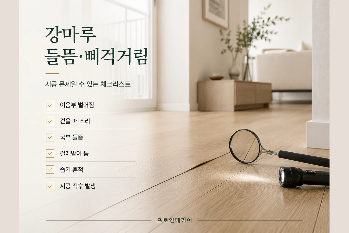 강마루 이음부 벌어짐, 걸을 때 소리, 국부 들뜸, 걸레받이 틈, 습기 흔적, 시공 직후 발생 체크리스트 이미지