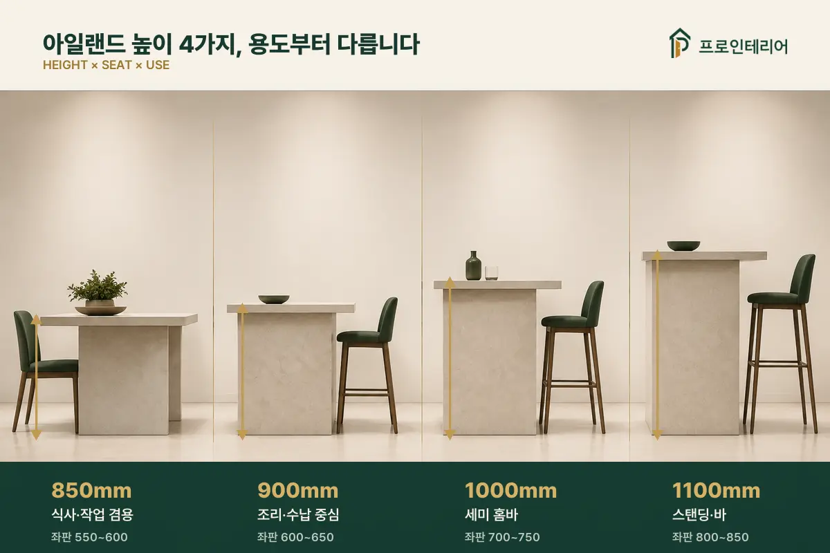 아일랜드 식탁 높이 850 900 1000 1100밀리미터의 추천 용도를 비교한 안내