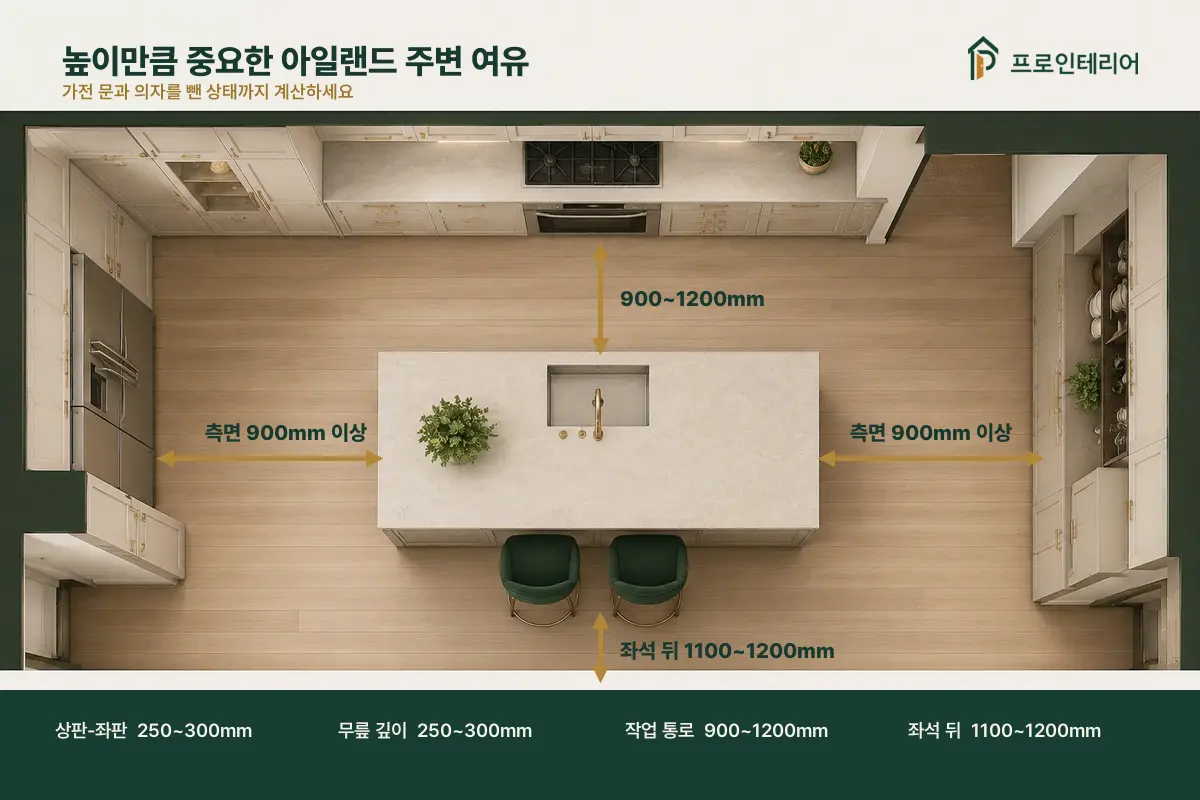 아일랜드 상판과 의자의 높이 차이 무릎 공간 통로 폭을 표시한 치수 가이드