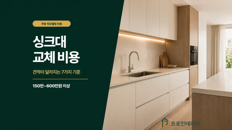 싱크대 교체 비용 안내 문구와 일자형 주방 싱크대가 보이는 이미지