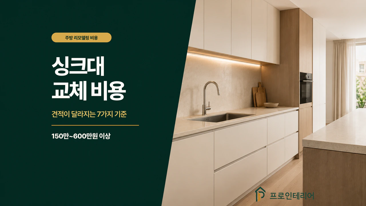 싱크대 교체 비용 안내 문구와 일자형 주방 싱크대가 보이는 이미지