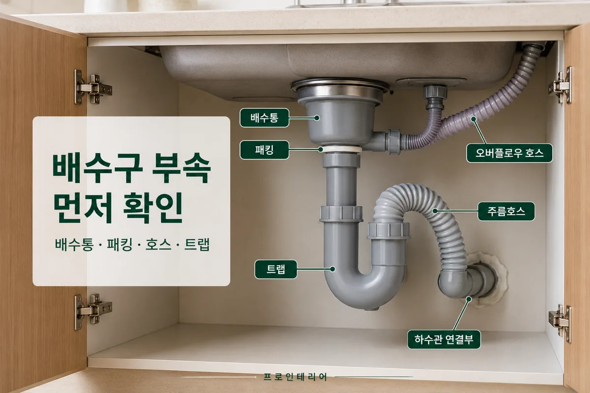 싱크볼 아래 배수통 패킹 오버플로우 주름호스 트랩과 하수관 연결부 위치를 설명하는 이미지
