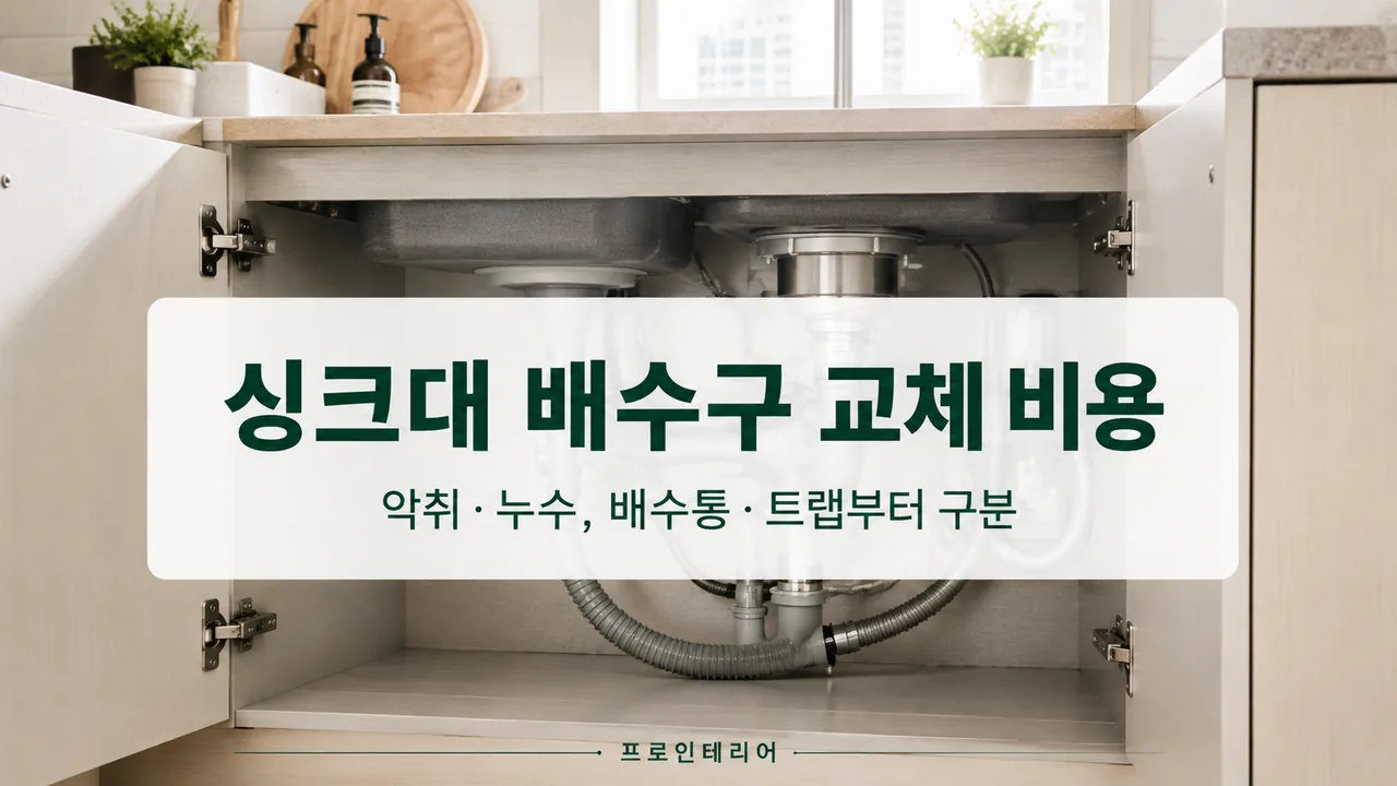 싱크대 하부장 안의 배수통과 배수호스를 점검하는 주방 수리 이미지