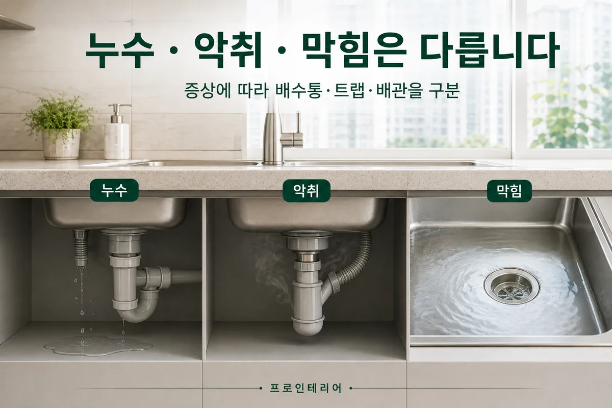싱크대 누수 악취 막힘 증상에 따라 배수통 트랩 배관을 구분해 확인하는 이미지