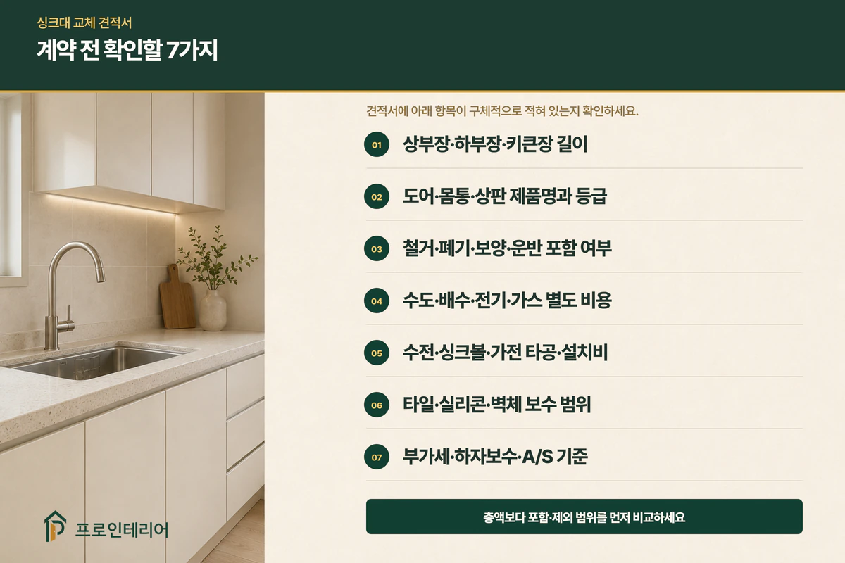 싱크대 교체 견적서에서 철거 폐기 설비 타일 가전 타공 포함 여부를 확인하는 체크리스트