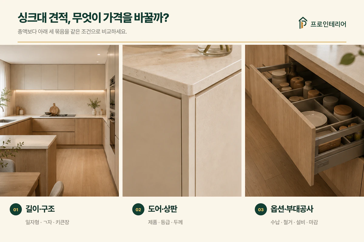 싱크대 견적을 결정하는 길이 구조 도어 상판 하드웨어 설비 마감 일곱 가지 요소